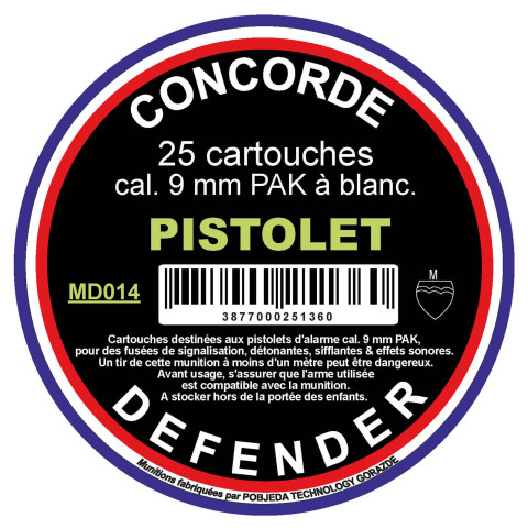 Cartouches à blanc 9 mm Pak Concorde Defender – Boîte 25