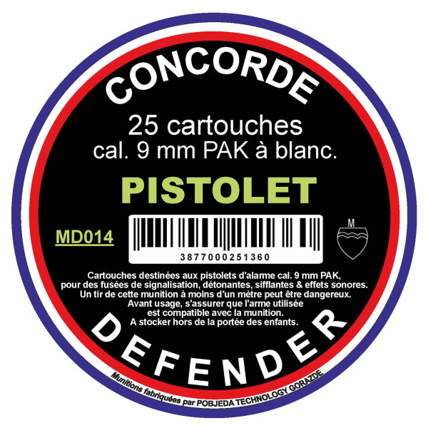 Cartouches à blanc 9 mm Pak Concorde Defender – Boîte 25