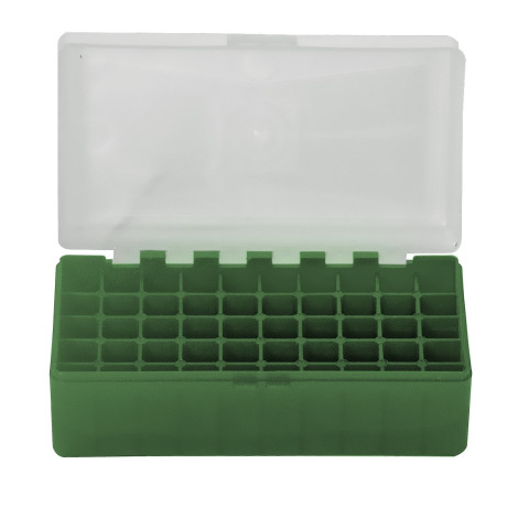 Boîte de rangement munitions Megaline calibre 223 verte couvercle transparent 50 cartouches