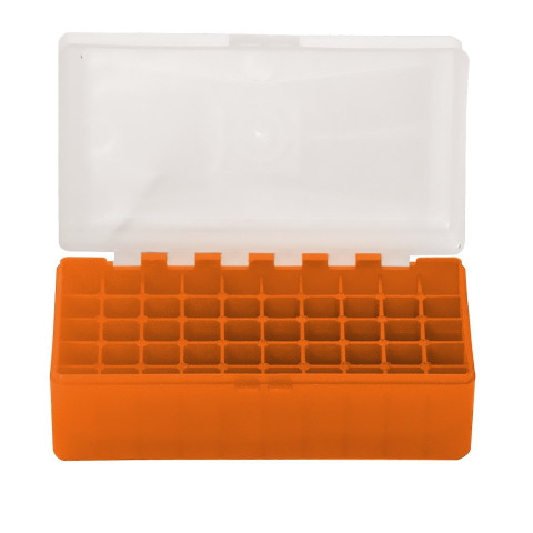 Boîte de rangement munitions Megaline 50 cartouches calibre 223 couvercle transparent orange