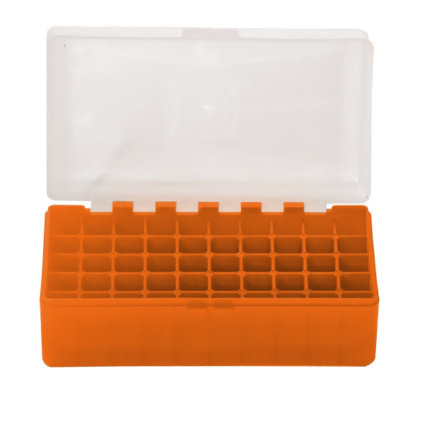 Boîte de rangement munitions Megaline 50 cartouches calibre 223 couvercle transparent orange