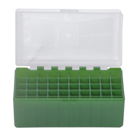 Boîte de rangement munitions Megaline verte couvercle transparent 50 cartouches calibre 243