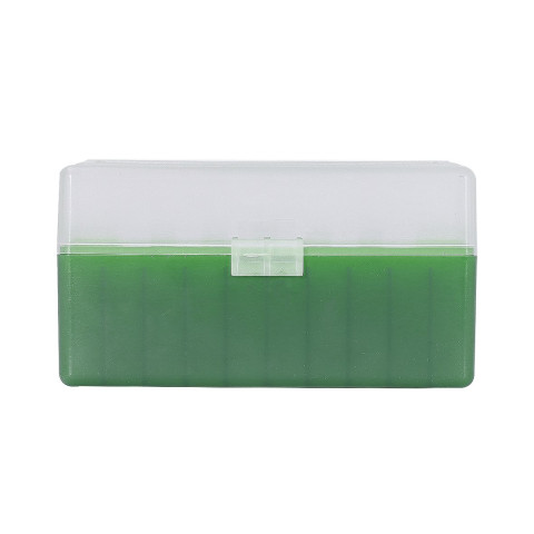 Boîte de rangement munitions Megaline verte couvercle transparent 50 cartouches calibre 243