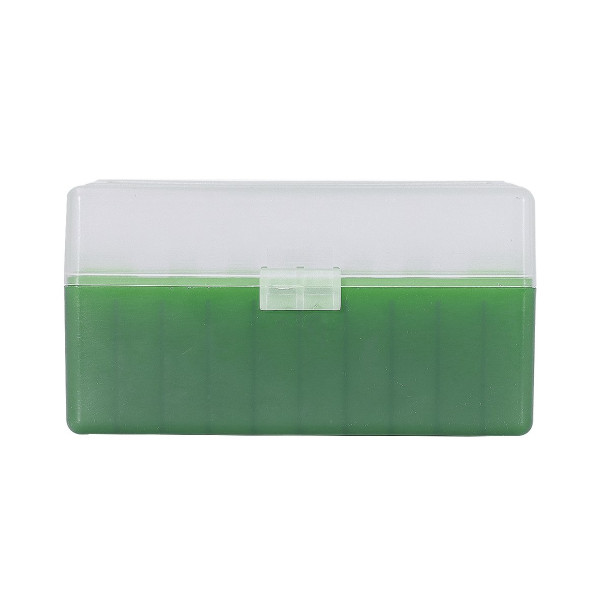 Boîte de rangement munitions Megaline verte couvercle transparent 50 cartouches calibre 243