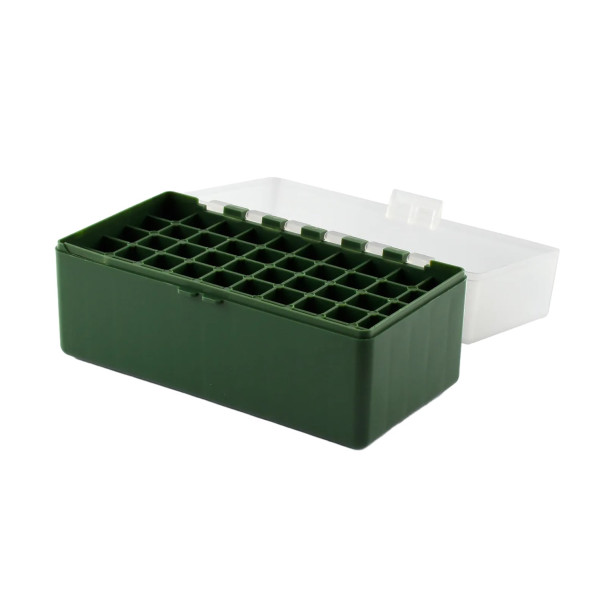 Boîte de rangement munitions Megaline verte couvercle transparent 50 cartouches calibre 243