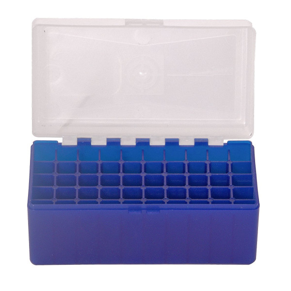 Boîte de rangement munitions Megaline calibre 243 bleue couvercle transparent 50 cartouches