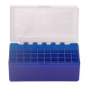 Boîte de rangement munitions Megaline calibre 243 bleue couvercle transparent 50 cartouches