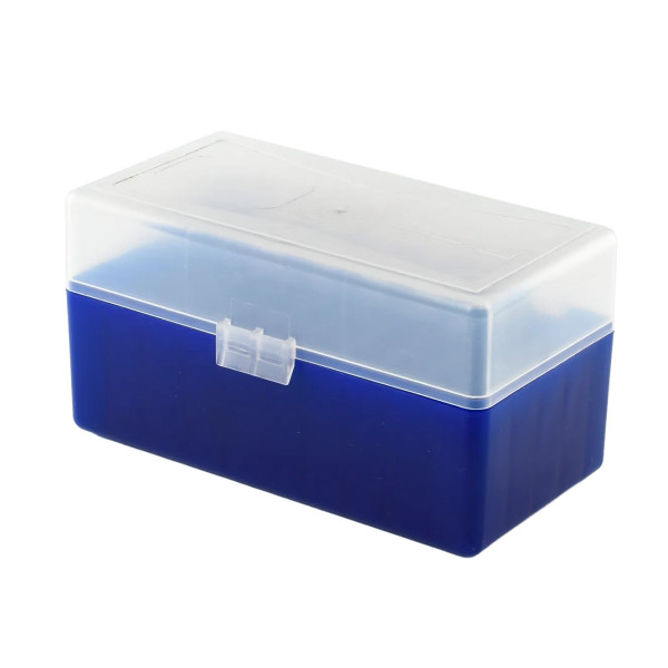 Boîte de rangement munitions Megaline calibre 243 bleue couvercle transparent 50 cartouches