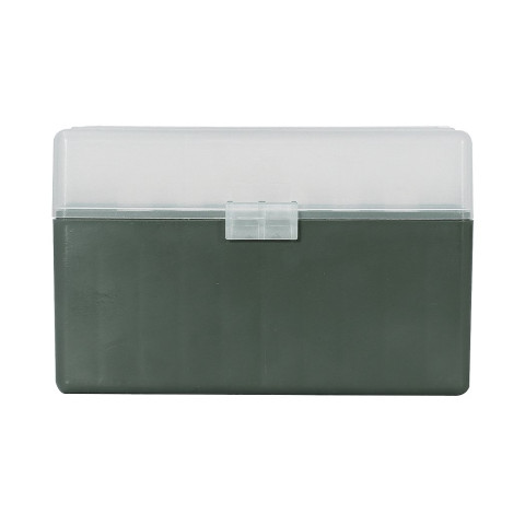 Boîte de rangement munitions Megaline calibre 30-06 verte couvercle transparent 50 cartouches