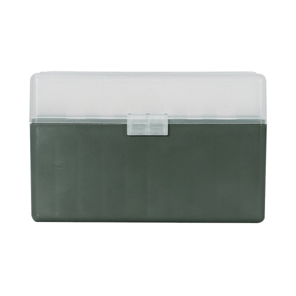 Boîte de rangement munitions Megaline calibre 30-06 verte couvercle transparent 50 cartouches