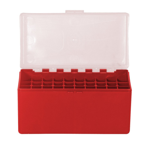 Boîte de rangement munitions Megaline calibre 30-06 rouge couvercle transparent 50 cartouches