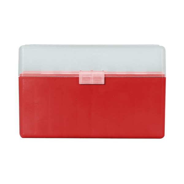 Boîte de rangement munitions Megaline calibre 30-06 rouge couvercle transparent 50 cartouches