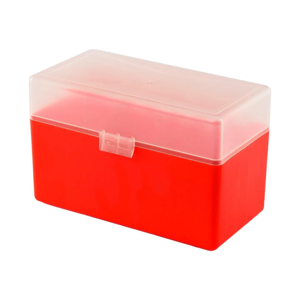 Boîte de rangement munitions Megaline calibre 30-06 rouge couvercle transparent 50 cartouches
