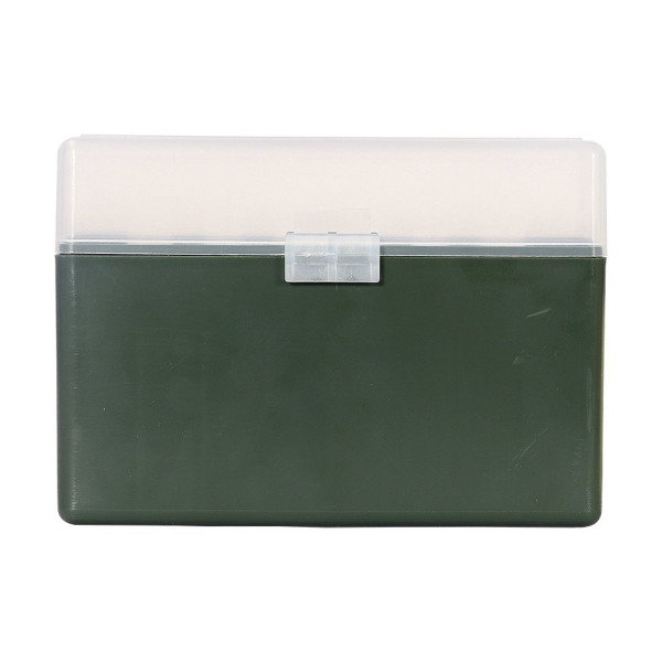 Boîte de rangement munitions Megaline calibre 338 Lapua Magnum verte couvercle transparent 32 cartouches