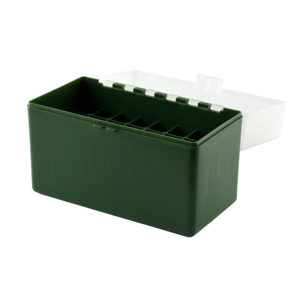 Boîte de rangement munitions Megaline calibre 338 Lapua Magnum verte couvercle transparent 32 cartouches