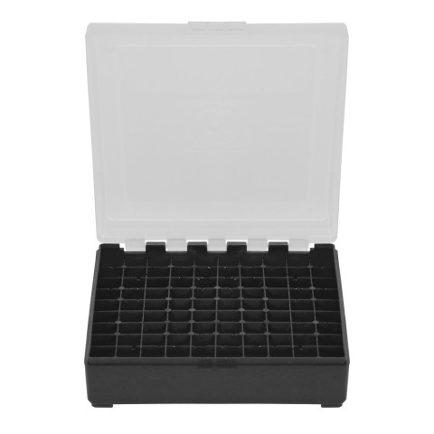 Boîte de rangement munitions Megaline noire couvercle transparent 100 cartouches cal 22LR et 25 ACP