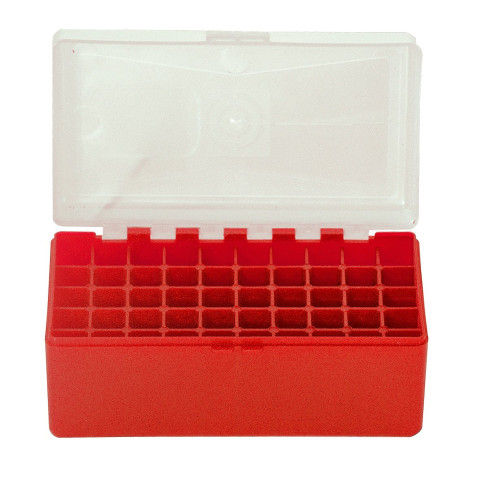 Boîte de rangement Megaline rouge couvercle transparent 50 munitions calibre 45LC/44 Magnum